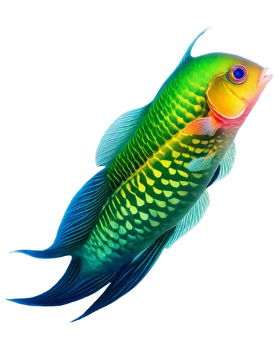 colorful fish, swimming solo, aquarium background, transparent water, green seaweed, coral reef decoration, bright scales, fins up, curious expression, front view, close-up, soft lighting, shallow dep