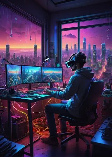 cyberpunk,virtual world,computer room,man with a computer,computer desk,computer,working space,vr,computer workstation,computer addiction,gamer zone,virtual,virtual landscape,world digital painting,futuristic landscape,lan,desk,virtual reality,computer game,oculus,Illustration,Realistic Fantasy,Realistic Fantasy 27