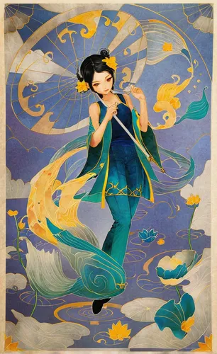 穿青色衣服的鲤鱼公主,mulan,fantasia,girl with a dolphin,aquarius,oriental painting,little girl in wind,chinese art,the wind from the sea,siren,tapestry,qinghai,art nouveau,mermaid background,sari,murano,art nou