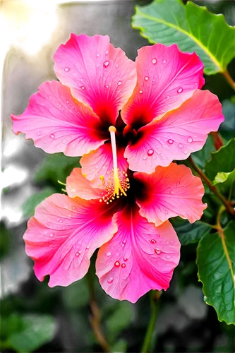 Hibiscus flower, large petals, pink and yellow gradient colors, delicate edges, center stigma, green stem, leaves with serrated edges, morning dew drops, soft natural light, close-up shot, 1/2 composi