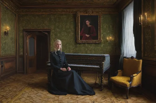 gothic portrait,portrait of christi,johannes brahms,academic dress,clavichord,portrait of a woman,fryderyk chopin,spinet,woman sitting,tilda,harpsichord,victorian lady,imperial coat,auxiliary bishop,meticulous painting,downton abbey,hans christian andersen,victorian style,fortepiano,maria laach,Conceptual Art,Daily,Daily 30