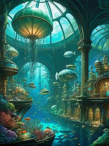 Underwater futuristic city, aquatic architecture, dome-shaped buildings, transparent glass walls, neon lights reflecting off water, coral reefs, schools of fish swimming by, seafloor gardens, oceanic 