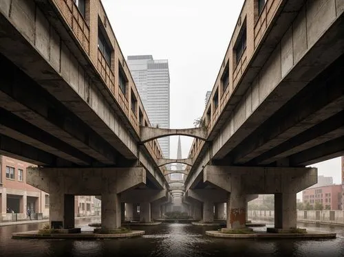 Rugged bridge structure, raw concrete surfaces, bold brutalist architecture, geometric shapes, exposed ductwork, industrial materials, reinforced steel beams, rough-textured stone walls, cantilevered 