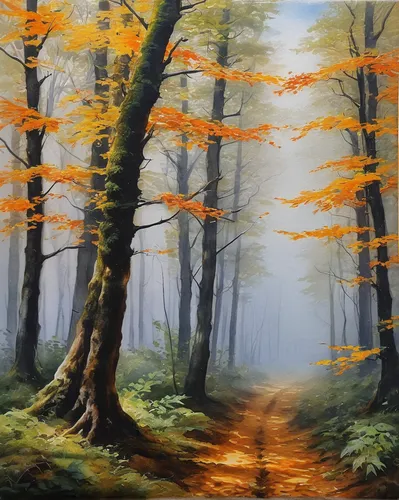 autumn forest,forest landscape,beech trees,forest road,beech forest,deciduous forest,forest path,autumn landscape,forest glade,oil painting on canvas,birch forest,chestnut forest,autumn trees,forest background,mixed forest,fir forest,row of trees,oil painting,larch forests,larch wood,Art,Classical Oil Painting,Classical Oil Painting 21