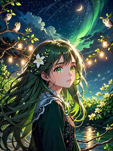 The camera captures a stunning image of a woman with long, tangled hair and bright green eyes gazing intently at the sky, the night sky rippling in the darkness. Its eyes are full of stars, illuminati