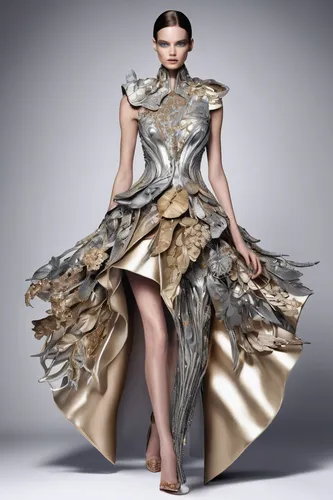 fashion design,fashion illustration,evening dress,metallic feel,fashion designer,haute couture,biomechanical,fashion vector,foil and gold,costume design,dress form,bridal clothing,overskirt,plumage,silversmith,metallic,fabric design,gold foil,hoopskirt,gold foil art,Photography,Fashion Photography,Fashion Photography 02