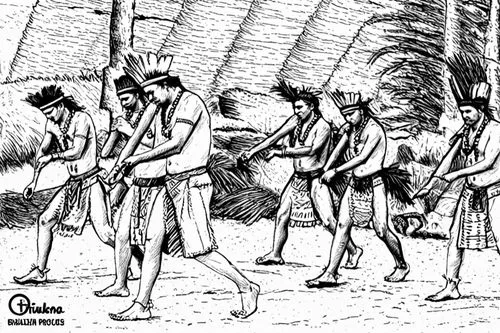 Brazilian indigenous people of the Tukano ethnic group in a ritual,an old drawing of several native americans walking together,wampanoag,wampanoags,abenaki,plimoth,hutsuls,beothuk,Design Sketch,Design