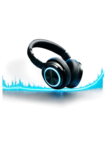 Sound wave, audio icon, colorful equalizer, 3D metallic headphones, glowing blue lights, sleek futuristic design, high-tech details, reflective surface, shallow depth of field, vibrant color tone, pan