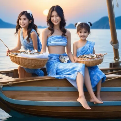 A smiling Japanese mother and daughters wearing loincloths printed with blue and white waves, sitting on a fishing boat, holding two baskets of oysters.,two women and one boy sit in the water in a boa