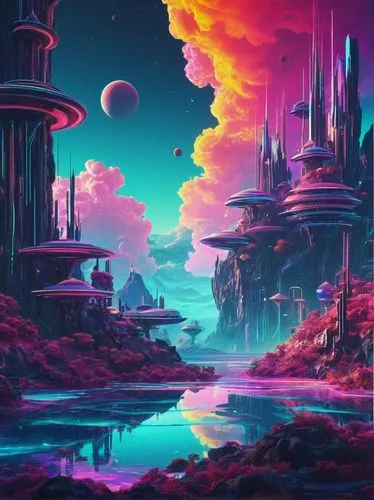 futuristic landscape,alien world,alien planet,fantasy landscape,mushroom landscape,lagoon,vapor,vast,fantasy city,scifi,lunar landscape,gas planet,planet alien sky,acid lake,planet,space art,3d fantasy,futuristic,sci-fi,sci - fi,Photography,Documentary Photography,Documentary Photography 19