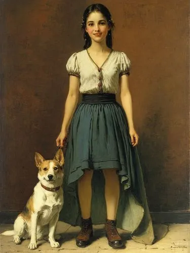 At random,an image of girl and dog posing for a picture,girl with dog,bouguereau,boy and dog,girl with cloth,girl with a wheel,rockwell,girl with bread-and-butter,corday,lucquin,a girl in a dress,girl