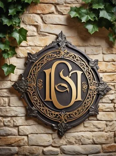 Custom smithcraft sign, intricate metalwork, ornate details, rustic wooden background, medieval-inspired font, golden lettering, subtle patina, mounted on a stone wall, surrounded by ivy, afternoon su