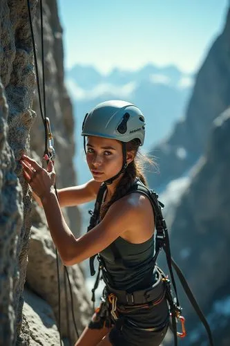 Create a realistic, cinematic image of a young woman with an athletic build climbing a steep mountain rock face. The scene is shot from a dynamic angle, slightly below and to the side of the climber, 