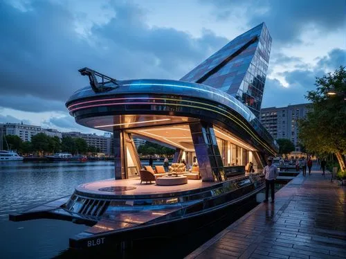 Waterfront location, futuristic boathouse, sleek metallic facade, curved lines, angular shapes, reflective glass surfaces, neon lights, vibrant colors, dynamic patterns, modern minimalist design, sust