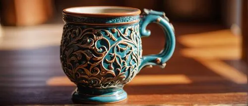 Ceramic mug, intricate architecture design, ornate handles, colorful glaze, reflective surface, detailed texture, morning light, still life composition, shallow depth of field, artistic background, su