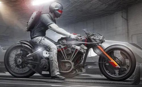 a man wearing gear sits on his motorcycle,electric motorcycle,harley-davidson wlc,heavy motorcycle,cafe racer,harley davidson,super bike,Product Design,Vehicle Design,Engineering Vehicle,Sci-Fi Style