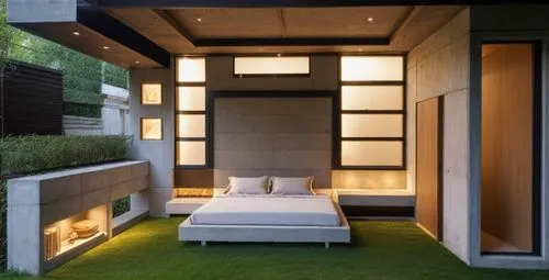 RESIDENCE
DETAIL OF 
STONE FACADE, LARGE WINDOW, GARDEN IN FRONT OF THE FACADE, STREET IN CONCRETE BLOCKS.,a bedroom with a white bed and a night stand,modern room,sleeping room,cubic house,andaz,gras