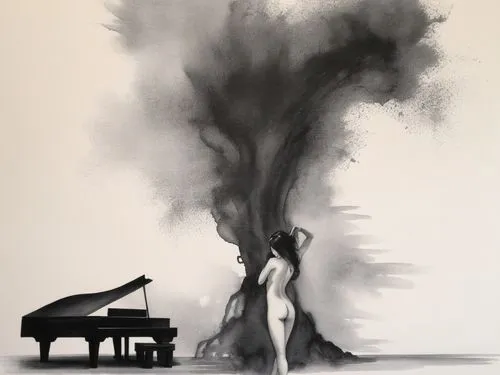 Passion Sexy Painting ,Naked Woman  Abstract Body Art Oil Painting,the woman with a very slender body is next to a huge piano,piano player,concerto for piano,the piano,pianoforte,charcoal drawing,jazz