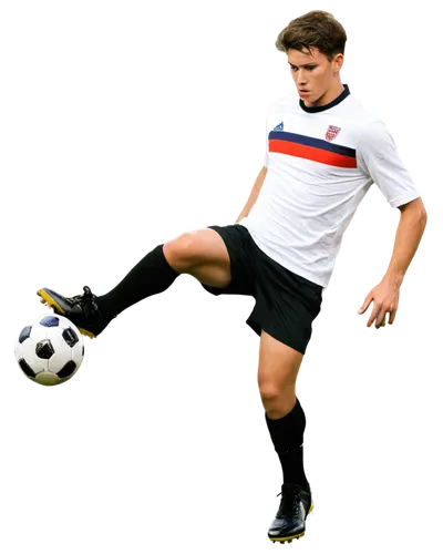 Male, athletic build, dynamic pose, soccer player, sports uniform, white jersey, black shorts, shin guards, cleats, messy short hair, focused facial expression, sweaty skin, muscular legs, intense eye