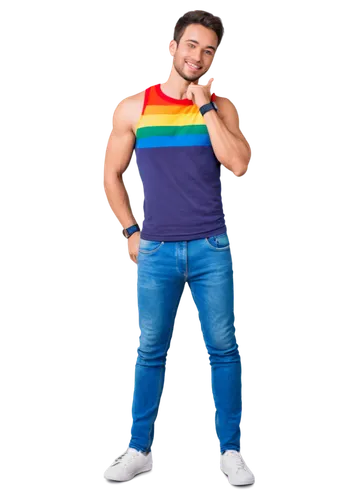 Muscular man, gay, heart symbol on chest, rainbow-colored tank top, tight jeans, sneakers, confident posture, hand on hip, bright smile, shimmering skin, soft focus, warm lighting, pastel color tone, 