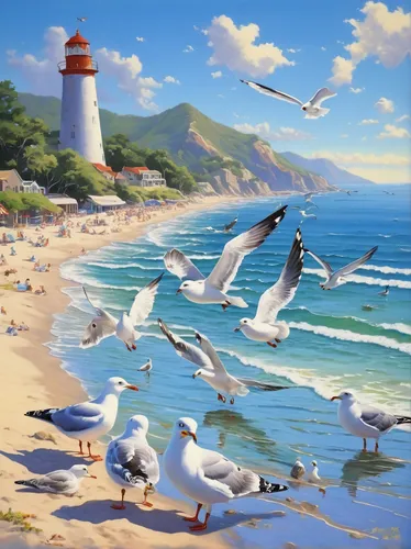 sea gulls,flying sea gulls,seagulls,gulls,beach landscape,sea birds,seagulls flock,seagulls birds,silver gulls,migratory birds,coastal landscape,seabirds,bird painting,terns,birds of the sea,seagull,sea landscape,crested terns,coastal bird,landscape background,Illustration,Retro,Retro 02