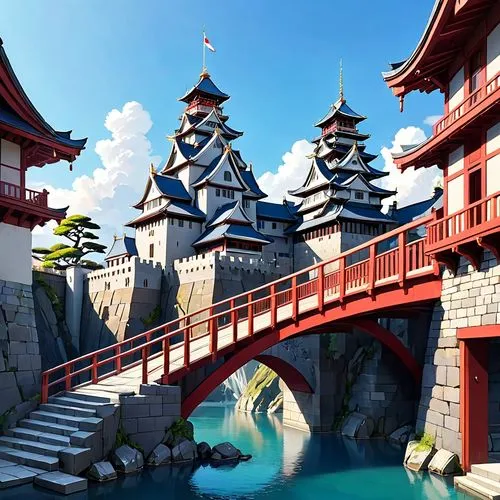 dragon bridge,popeye village,adventure bridge,cartoon video game background,skylands,fairy tale castle,Anime,Anime,Traditional