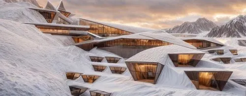   side up shot of resort mass   with engraved rooms in  the mountains.   the resort is   with  planar  sloped, fractured huge triangular  ceiling supported by dark grey steel structure and  cladded in