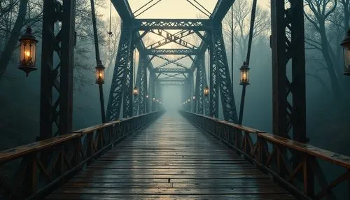 Rustic vehicular bridge, industrial metal structure, weathered steel beams, wooden plank roadway, nostalgic lanterns, soft warm lighting, misty morning fog, serene natural surroundings, dense foliage,