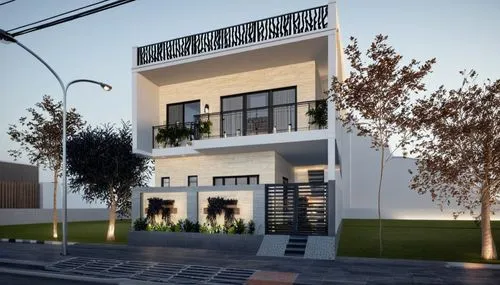 elevation with grc grill in front, road lights people, nautral colour combination,3d rendering,render,modern building,model house,modern house,boutique hotel,residential house,apartment house,appartme