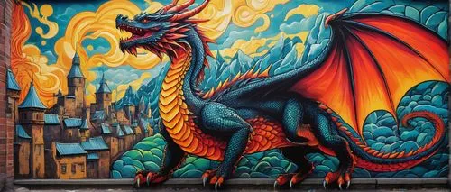 Dragon, street art, chalk drawing, vibrant colors, detailed scales, fiery breath, city wall, urban background, graffiti style, 3D illusion, low-angle shot, dramatic lighting, bold lines, dynamic compo