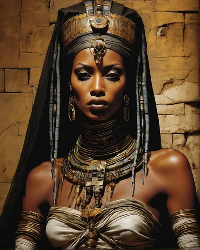 editorial photography, the mummified queen，by Enki Bilal,ancient egyptian girl,cleopatra,ancient egypt,ancient egyptian,african woman,pharaonic,african american woman,black woman,pharaoh,egyptian,afri