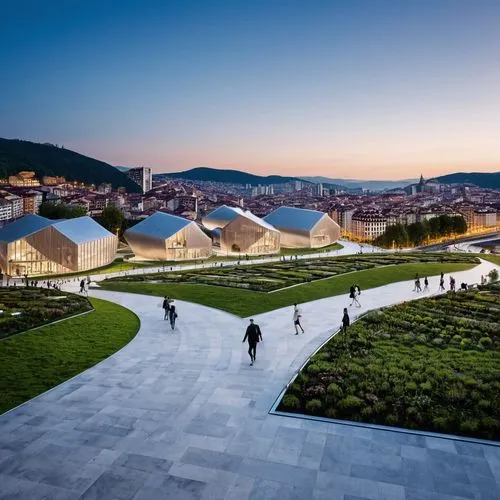 modern city of Bilbao, with houses, people walking, at night, ultra realistic HD photo,people walk around a plaza that is surrounded by greenery,champalimaud,srebrenica,qlizabeth olympic park,bjarke,m