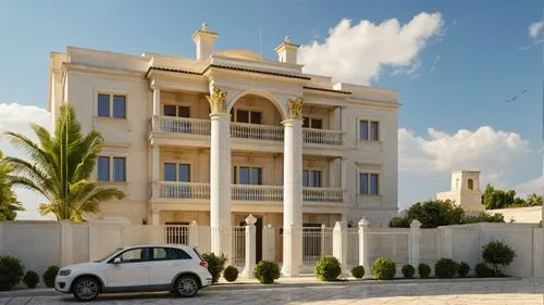 there is a car parked in front of a large building,baladiyat,fresnaye,mogadishu,nouakchott,luxury property,bendemeer estates,holiday villa,djerba,exterior decoration,gold stucco frame,private house,lu