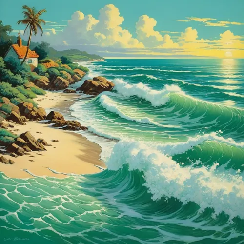 coastal landscape,sea landscape,beach landscape,tropical sea,seascape,ocean background,landscape with sea,ocean waves,emerald sea,sea,beach scenery,ocean,seascapes,the pacific ocean,ocean paradise,japanese waves,landscape background,sea-shore,pacific,sun and sea,Illustration,Retro,Retro 18