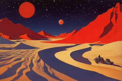 dune landscape,desert,desert planet,desert landscape,dune,desert desert landscape,red planet,shifting dune,desert background,lunar landscape,dune sea,the desert,moon valley,viewing dune,crescent dunes,shifting dunes,valley of the moon,sahara desert,barren,high-dune,Illustration,Retro,Retro 07