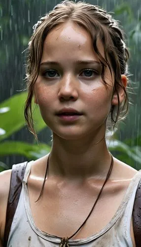 a new trailer tv series shows the main character, in the style of post-apocalyptic ruins in rain, beautiful wet women jennifer lawrence, 8k resolution, wet light white and brown chiffon, wet junglecor