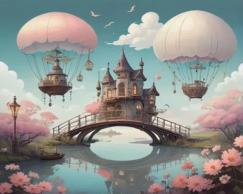 hot-air-balloon-valley-sky,fairy world,fantasy world,fantasy landscape,hot air balloons,wonderland,dream world,fantasy picture,fantasy city,balloon trip,3d fantasy,airships,pink balloons,dreamland,hot air balloon,fantasy art,whimsical,ballooning,floating island,fairy tale,Illustration,Black and White,Black and White 02