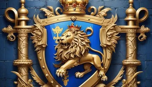 Noble family crest, gold and blue colors, shield shape, intricate design, lion's head, crown on top, crossed swords behind, Latin motto "Fortis et Fidelis" at bottom, luxurious frame, ornate details, 