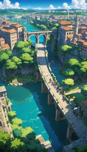 An urban setting from the Roman Empire, next to a deep river and a bridge.,meteora,machico,kanto,ancient city,kiseki,ghibli,teikoku,rikkyo,gunkanjima,kotoinazuma,inazuma,wakanohana,yoshikuni,skylands,