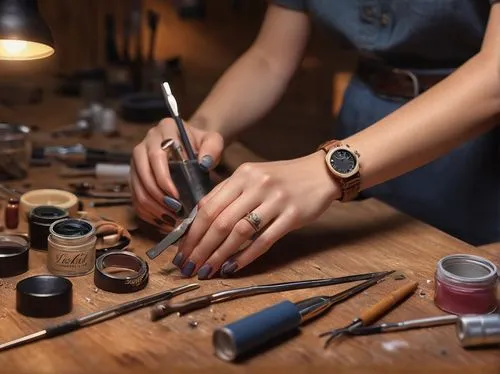 Stable diffusion, hand, fixing, detailed fingers, nail polish, rings, wristwatch, casual clothing, rolled-up sleeves, messy background, workshop, tools scattered around, wooden table, warm lighting, s