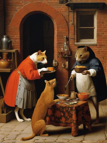 cookery,cat's cafe,rodents,tea party cat,teatime,anthropomorphized animals,cat food,dinner party,vintage cats,pet food,rodentia icons,cat drinking tea,cat coffee,coddle,courtship,dining,drinking party,feeding animals,cat european,foodies,Art,Classical Oil Painting,Classical Oil Painting 41