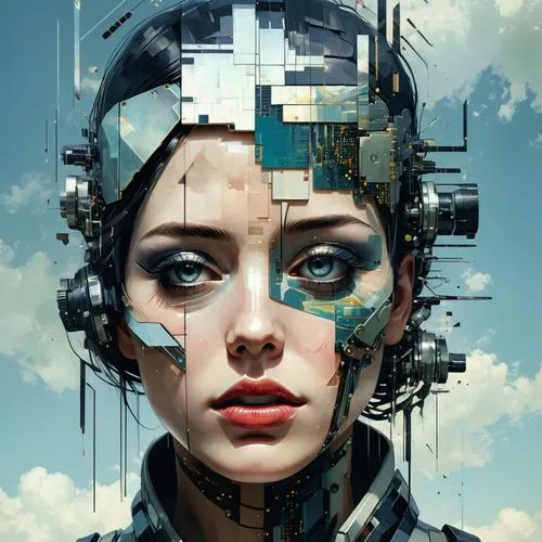  glitch disintegration effect, A collage portrait, A vintage-inspired collage featuring a split-faced cyborg. A grid, fragments, fragmentation, squares, Combine vintage 1920s elements with vintage por