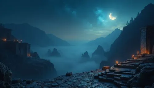 fantasy landscape,moonlit night,fantasy picture,the mystical path,cliffside,khandaq,night scene,winding steps,wudang,light of night,nightscape,moonlit,theed,nightlight,labyrinthian,windows wallpaper,realms,heaven gate,stone stairway,evening atmosphere,Photography,General,Realistic