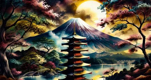 Mount Fuji and Pagoda,japanese landscape painting with oriental landscape and mountains,japanese lantern,japanese art,japanese lamp,oriental lantern,the japanese tree,khokhloma painting,Illustration,P