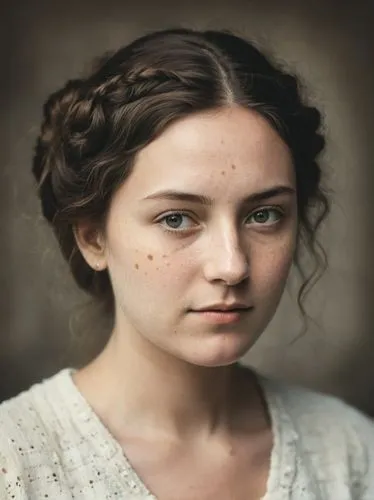 a picture of a woman with freckled and rough facial skin with a hint of a lady's moustache.,the girl with freckled hair in the image is looking to the side,hypatia,arya,lughnasa,portrait of a girl,fan