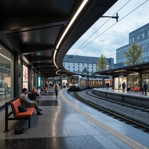 Curved tram station, streamline modern architecture, polished metal surfaces, minimalist interior design, sleek benches, futuristic LED lighting, large glass windows, cantilevered roofs, open-plan wai