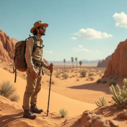 ocher color, desert landscape, warm sunny day, vast sandy dunes, rocky formations, cacti, succulents, worn leather boots, khaki clothing, wide-brimmed hat, sunglasses, backpack, trekking pole, distant