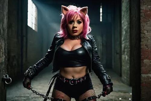 Miss Piggy, prison inmate, solo, (30yo), pink hair, heavy makeup, red lips, torn fishnet stockings, black leather jacket, handcuffs, ankle chain, iron bars, dim lighting, gritty texture, urban environ