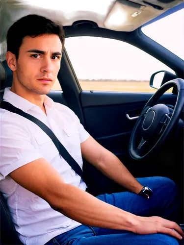 Young adult, male driver, serious facial expression, short black hair, brown eyes, white casual shirt, dark blue jeans, sports car interior, steering wheel, hands grasping wheel, intense gaze, morning