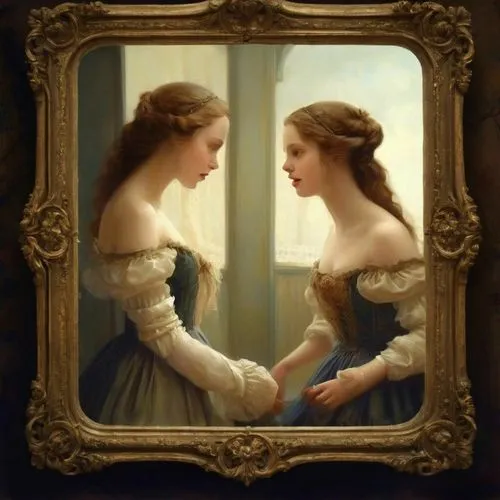 a baroque oval frame,a painting of two women looking in a mirror,the mirror,leighton,mirror image,mirror frame,bougereau,doll looking in mirror